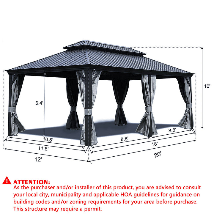 Kozyard Alexander Hardtop Aluminum Permanent Gazebo with a Mosquito Net and Privacy Sidewalls (Alexander 12'x 20' (Gary))